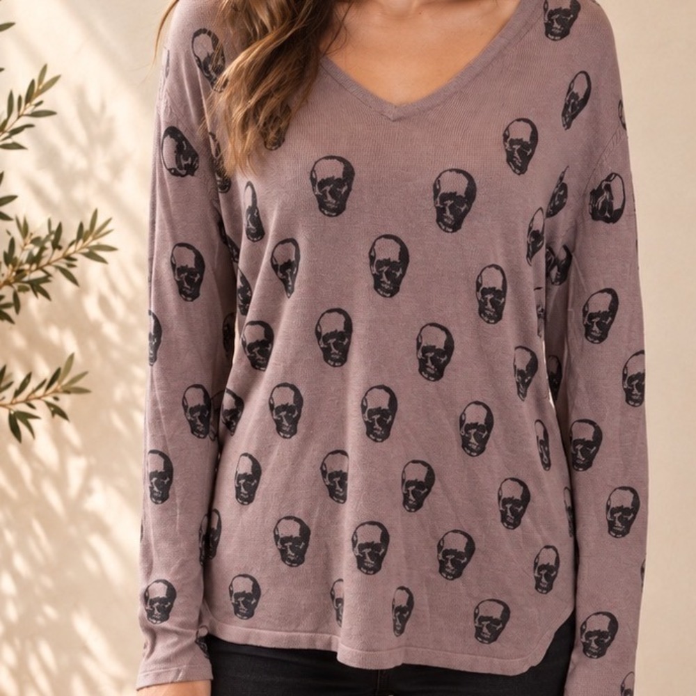 Philosophy Republic Clothing Mauve Skull Print V-Neck Cashmere Blend Sweater M